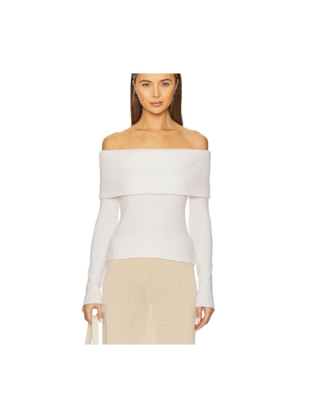 Enza Costa White Off Shoulder Foldover Ribbed Sweater NWOT - Size M